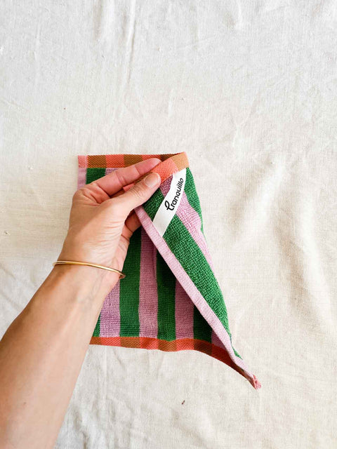 Torchon éponge PM Rayé - Rose/Vert